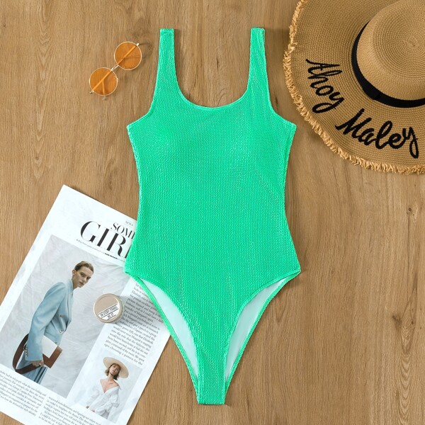 

Plain Textured One Piece Swimsuit, Lime green