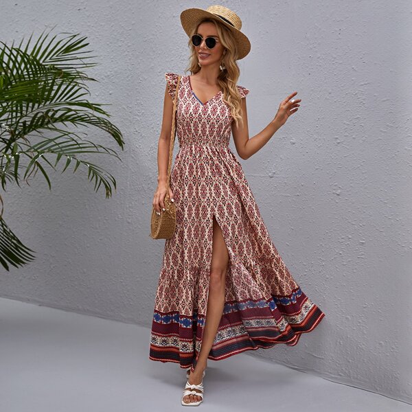 

Ruffle Trim Split Thigh Floral Dress Without Belt, Multicolor