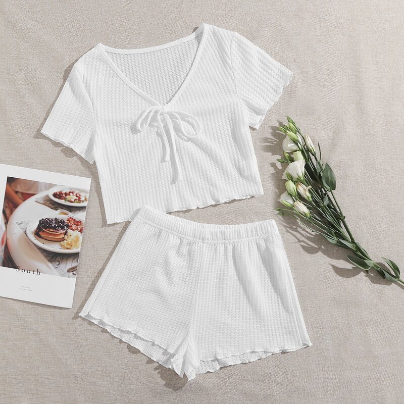

Waffle Knit Knot Front Lettuce Trim Lounge Set, White