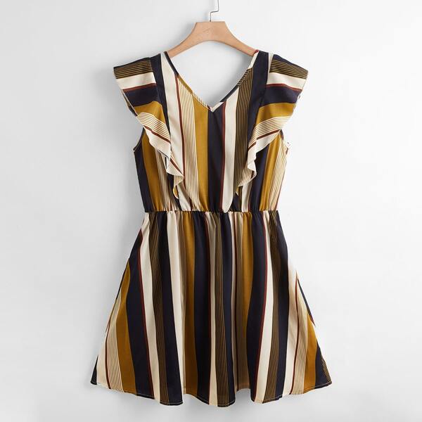 

Plus Striped Ruffle Trim Knot Backless Dress, Multicolor
