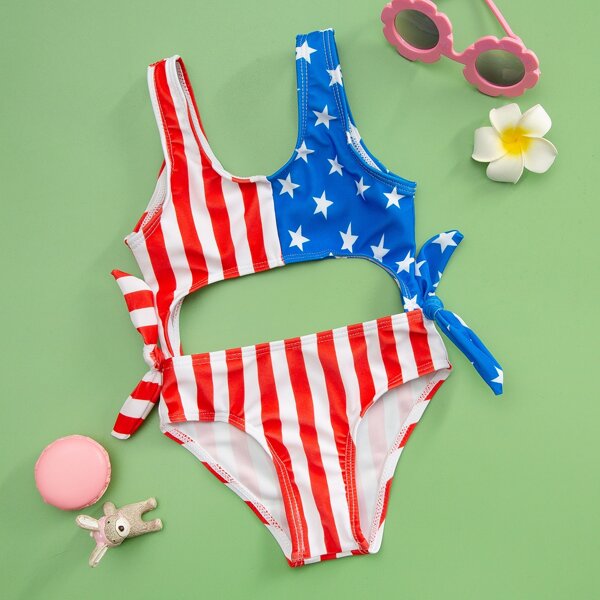 

Toddler Girls Star and Stripes Print Cut Out One Piece Swimwear, Multicolor