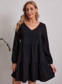 EMERY ROSE Ruffle Hem Smock Dress - Black - View 1