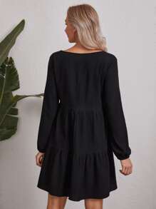 EMERY ROSE Ruffle Hem Smock Dress - Black - View 5