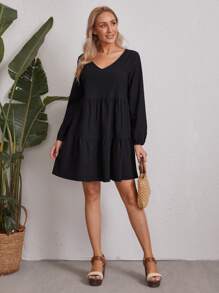 EMERY ROSE Ruffle Hem Smock Dress - Black - View 3
