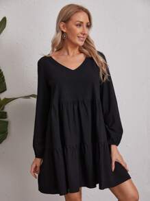 EMERY ROSE Ruffle Hem Smock Dress - Black - View 2