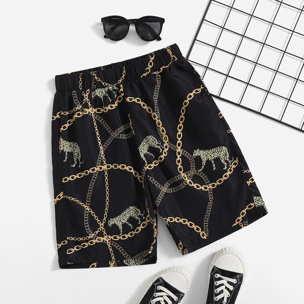 

Boys Leopard & Chain Print Shorts, Black