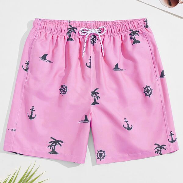 

Men Tropical Print Swim Trunks, Pink