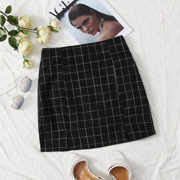 

Grid Print Skirt, Black