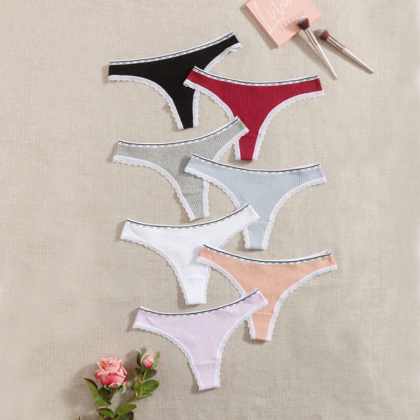 

7pack Lace Trim Rib Panty Set, Multicolor
