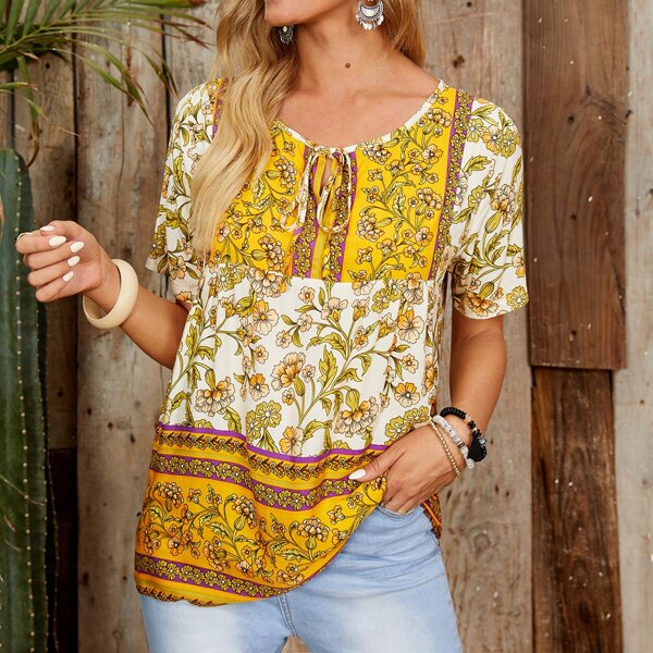 

Tie Neck Allover Floral Blouse, Multicolor