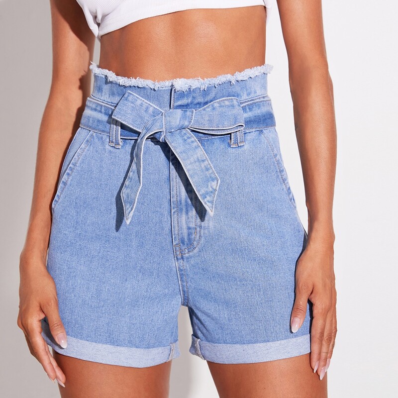 

High Waist Belted Cuffed Denim Shorts, Light wash
