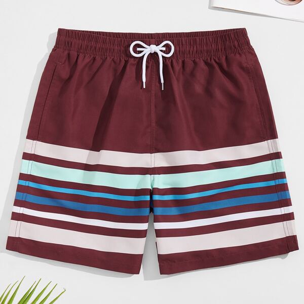 

Men Striped Drawstring Waist Swim Trunks, Burgundy