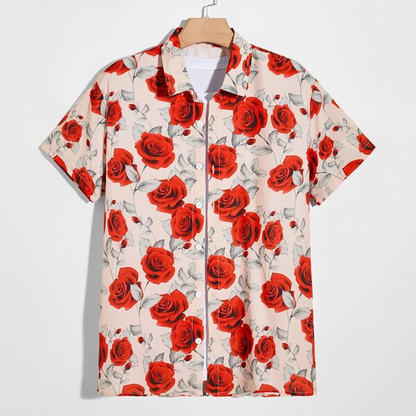 

Men Allover Rose Print Shirt, Khaki