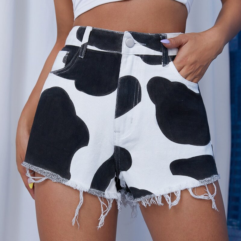 

Cow Print Raw Hem Denim Shorts, Black and white