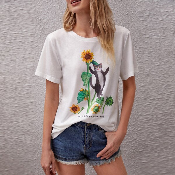 

Chinese Letter And Sunflower Print Tee, White