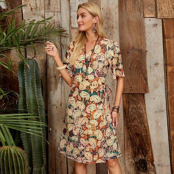 

Wrap Hem Paisley Print Dress, Multicolor