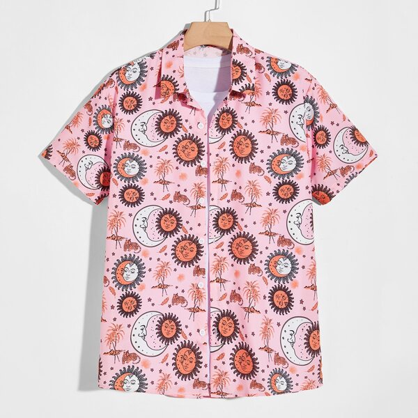 

Men Tropical And Graphic Print Shirt, Baby pink