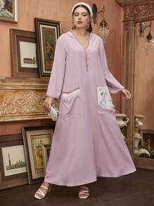 Modelyn Plus Feather Trim Beaded Swan Patched Dress - Baby Pink - View 3