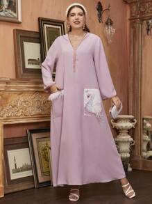 Modelyn Plus Feather Trim Beaded Swan Patched Dress - Baby Pink - View 6