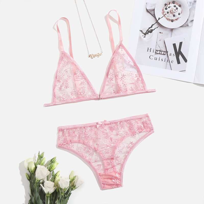 

Floral Embroidered Mesh Lingerie Set, Pink