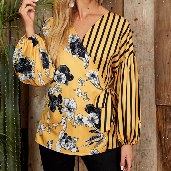

Striped And Floral Print Wrap Blouse, Multicolor