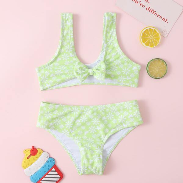 

Toddler Girls Floral Bow Front Bikini Swimsuit, Green