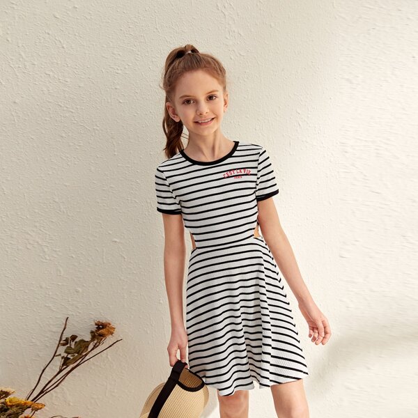 

Girls Cutout Waist Slogan & Striped Print Dress, Black and white