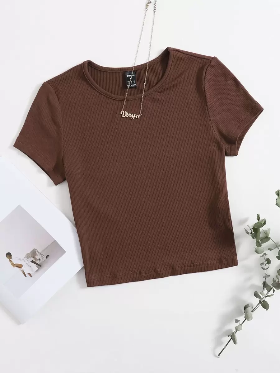 Muchica Rib-knit Solid Tee - Rust Brown - View 1