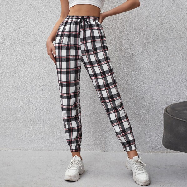 

Drawstring Waist Plaid Tapered Pants, Multicolor