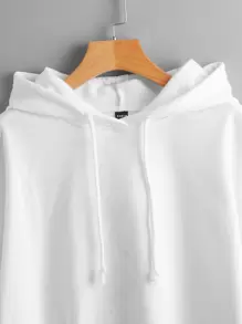 SHEIN EZwear 落肩袖素色抽繩連帽衫 - 白色 - 查看 3