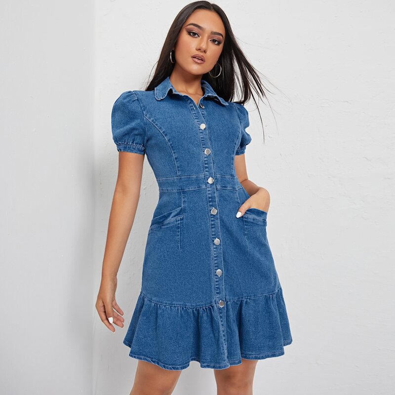 

Ruffle Hem Puff Sleeve Denim Shirt Dress, Medium wash