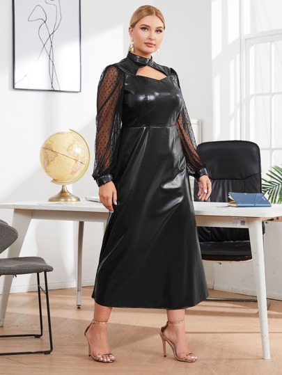 SHEIN Plus Dobby Mesh Sleeve Peekaboo Front Dress