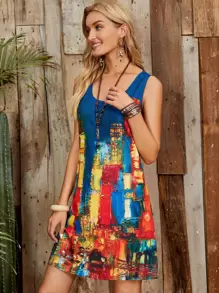 EMERY ROSE Painting Scoop Neck Tunic Dress - Multicolor - View 4