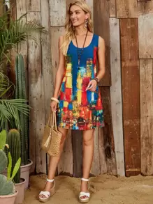 EMERY ROSE Painting Scoop Neck Tunic Dress - Multicolor - View 5