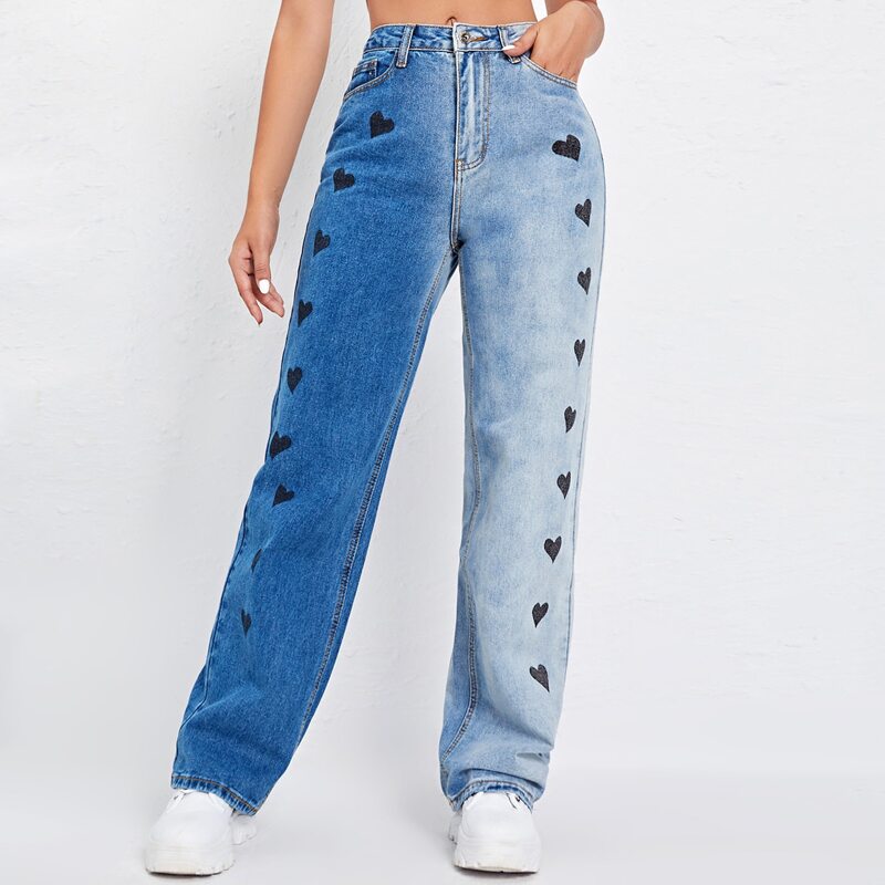 

Color Block Heart Pattern Jeans, Blue