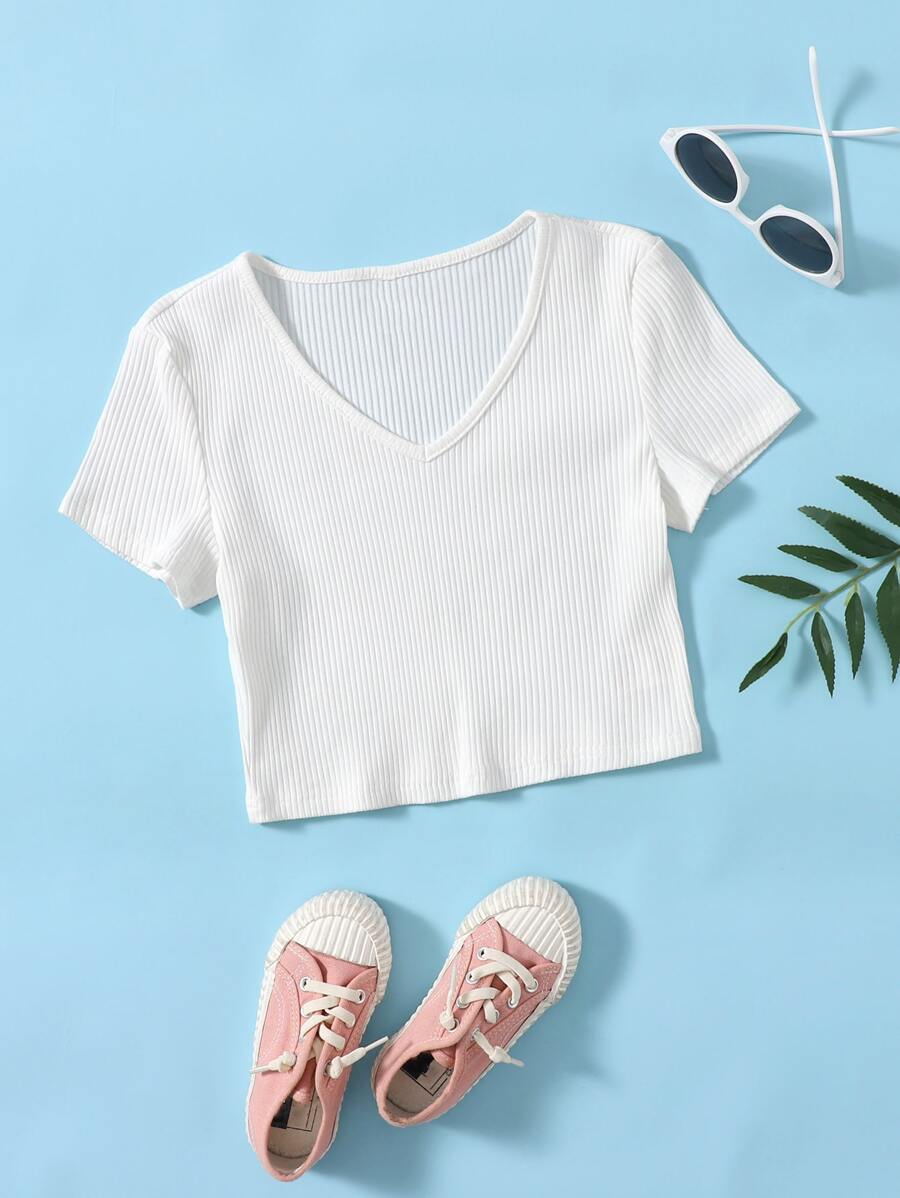 SHEIN Tops con gái Gân đan màu trơn Giải trí - trắng - Xem 1