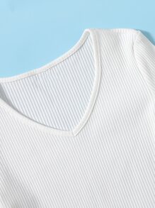 SHEIN Tops con gái Gân đan màu trơn Giải trí - trắng - Xem 4