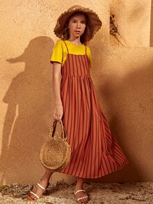 SHEIN Vestido De Tirantes Con Cremallera Trasera Para Niñas Con Camiseta A Rayas - Multicolor - Ver 2