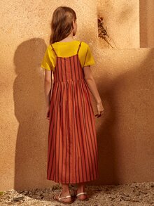 SHEIN Vestido De Tirantes Con Cremallera Trasera Para Niñas Con Camiseta A Rayas - Multicolor - Ver 3