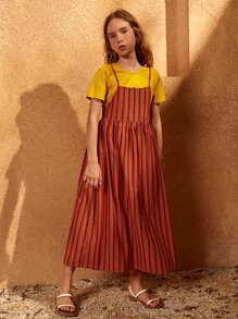 SHEIN Vestido De Tirantes Con Cremallera Trasera Para Niñas Con Camiseta A Rayas - Multicolor - Ver 1