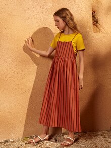 SHEIN Vestido De Tirantes Con Cremallera Trasera Para Niñas Con Camiseta A Rayas - Multicolor - Ver 4