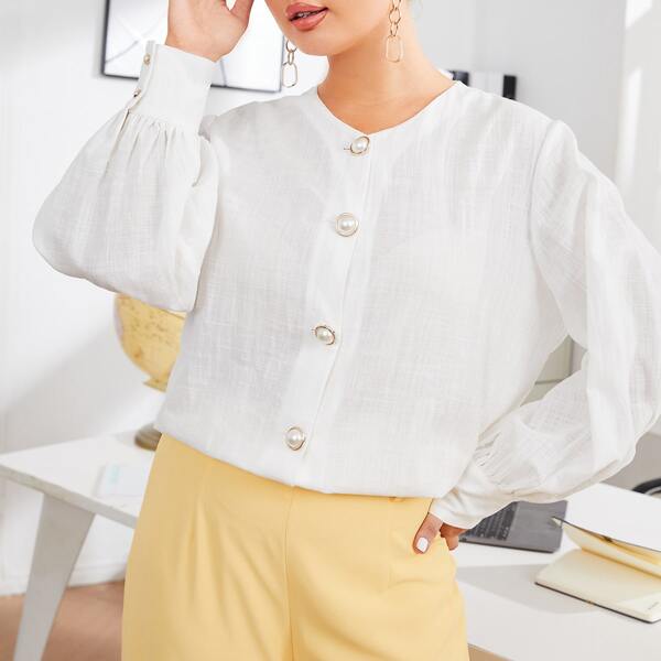 

Plus Lantern Sleeve Button Placket Blouse, White