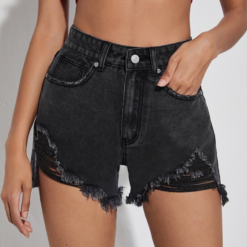 

Ripped Raw Hem Denim Shorts, Dark grey