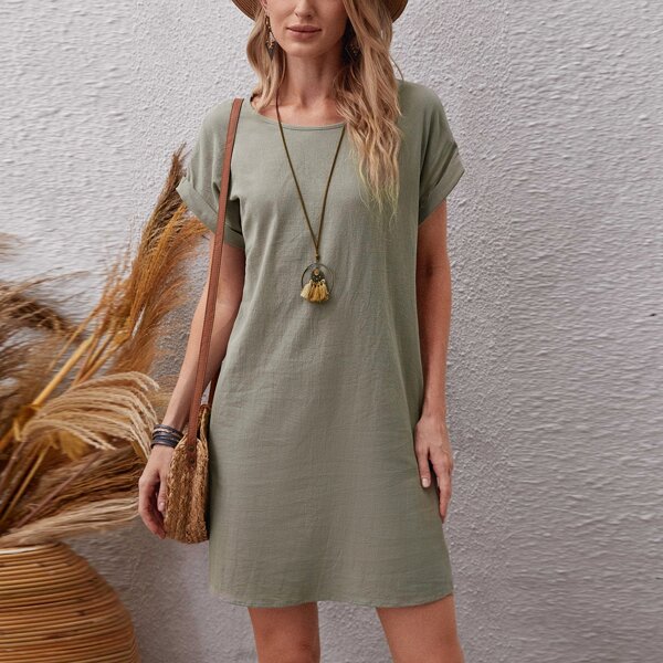 

Rolled Sleeve Solid Tunic Dress, Grey
