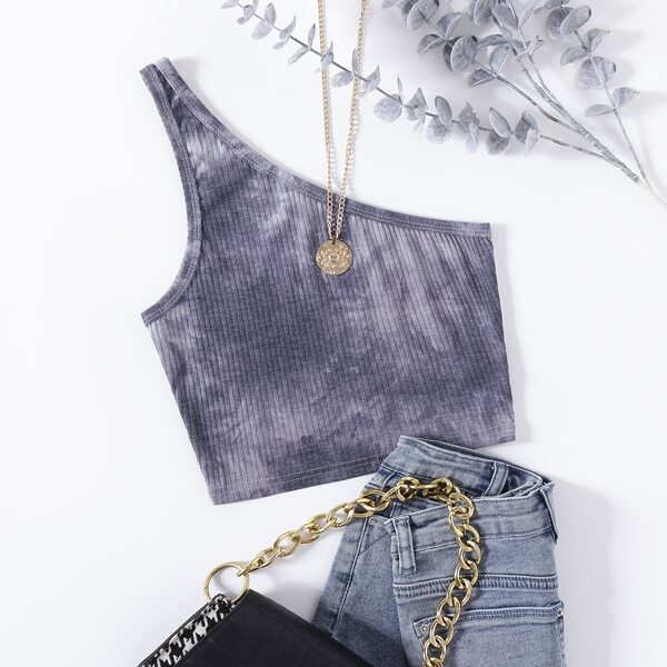 

One Shoulder Rib-knit Crop Top, Grey