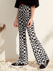 SHEIN Leap Crew Girls Checkered Flare Leg Trousers - Black and White - View 1