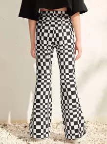 SHEIN Leap Crew Girls Checkered Flare Leg Trousers - Black and White - View 2