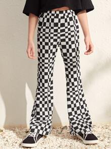 SHEIN Leap Crew Girls Checkered Flare Leg Trousers - Black and White - View 3