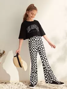 SHEIN Leap Crew Girls Checkered Flare Leg Trousers - Black and White - View 5