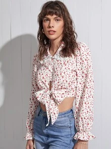 SHEIN Unity 小碎花前綁帶蝴蝶結襯衫 - 彩色 - 查看 3